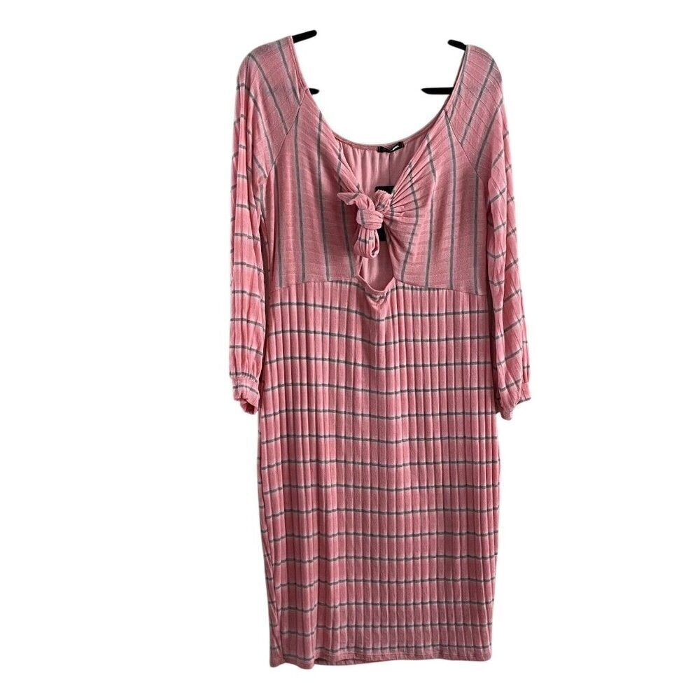 Fashion Nova Womn 3X Pink Stripe Tied Affairs Long Sleeve Midi Bodycon Dress NWT